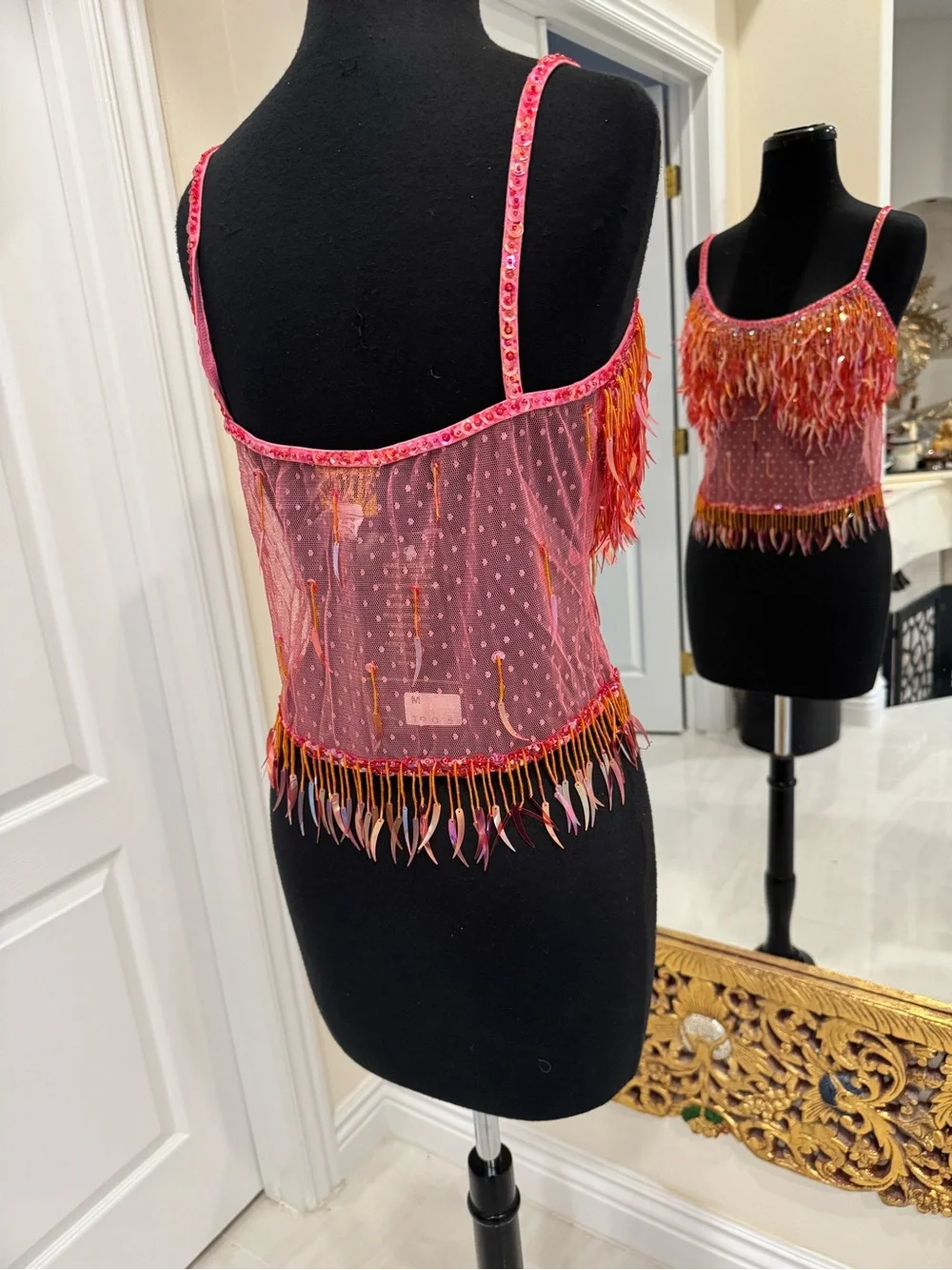 Beaded Fringe Pink Sequin stretch mesh Attitudes by Debra Cami Top - Picture 5 of 5